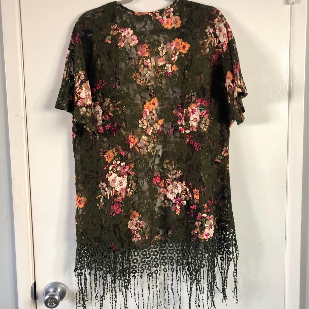 Hunter green floral lace open robe/cover up